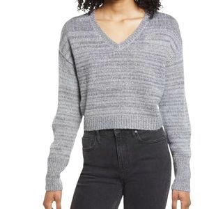 BP Womens Sweater Cropped V-Neck Drop Shoulder in Dark Grey Heather Size large